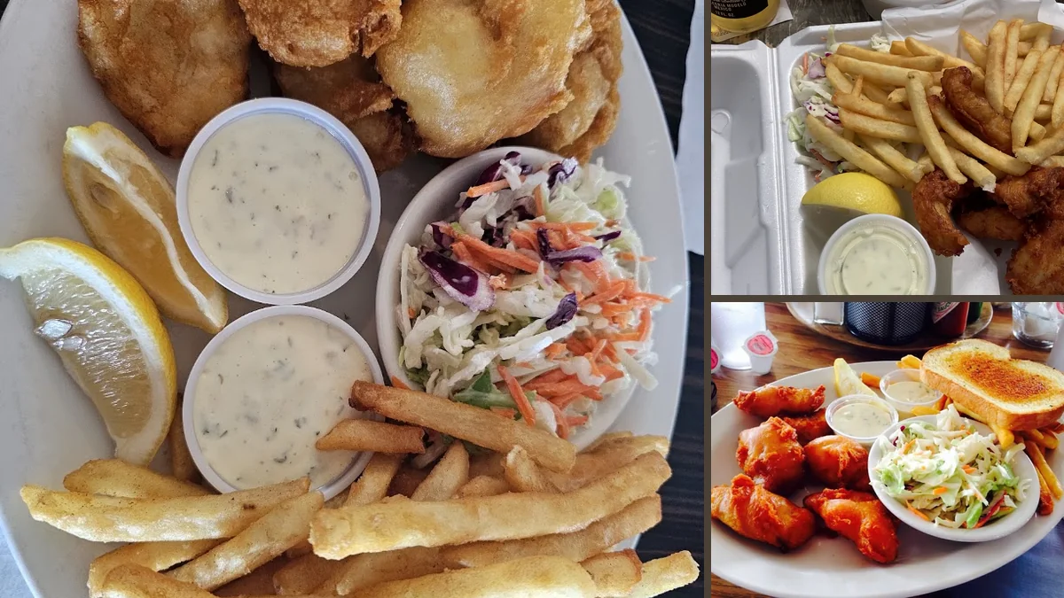 Seafood plates beside wide waterfront windows.